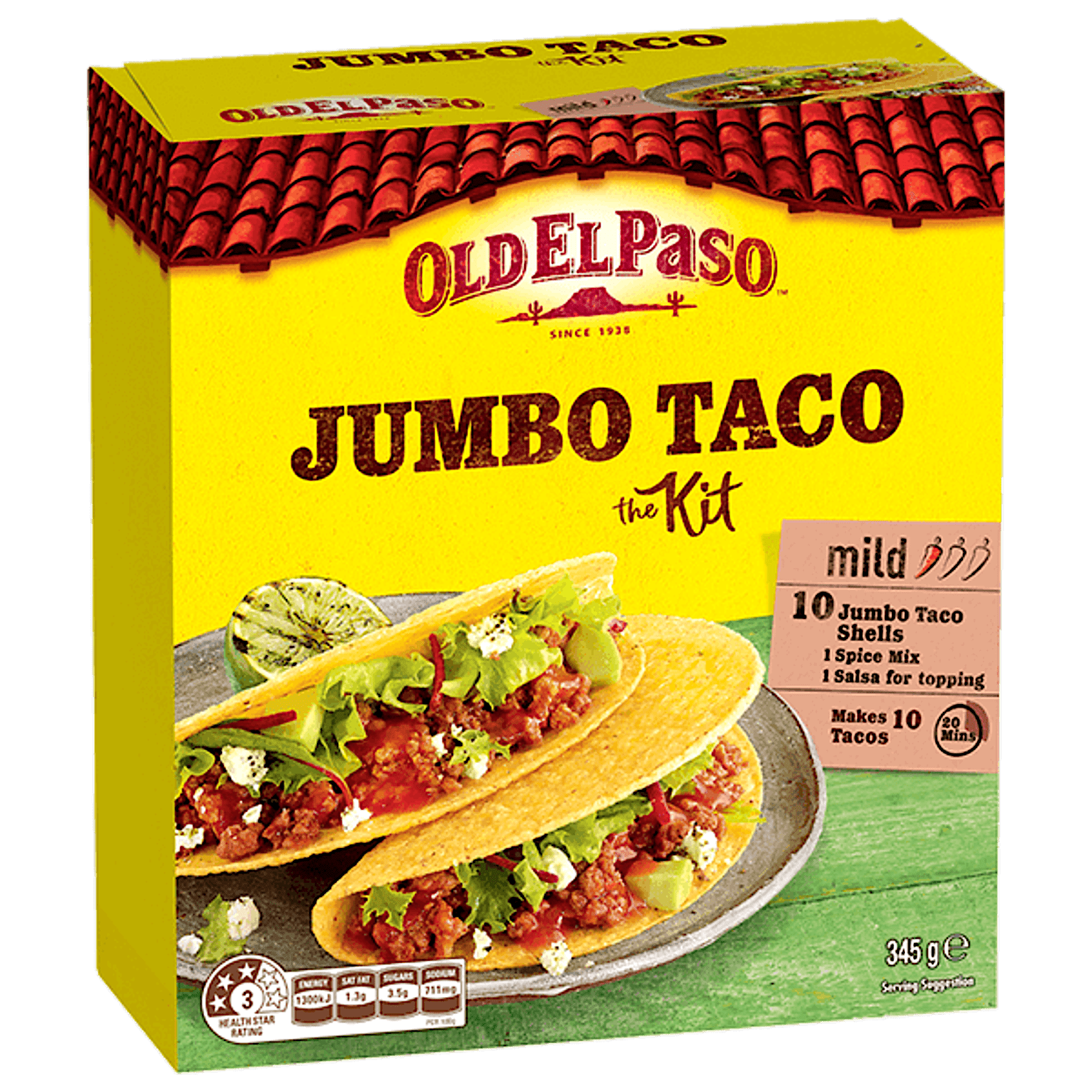 a pack of Old El Paso's mild jumbo taco kit containing taco shells, spice mix & salsa for topping (345g)